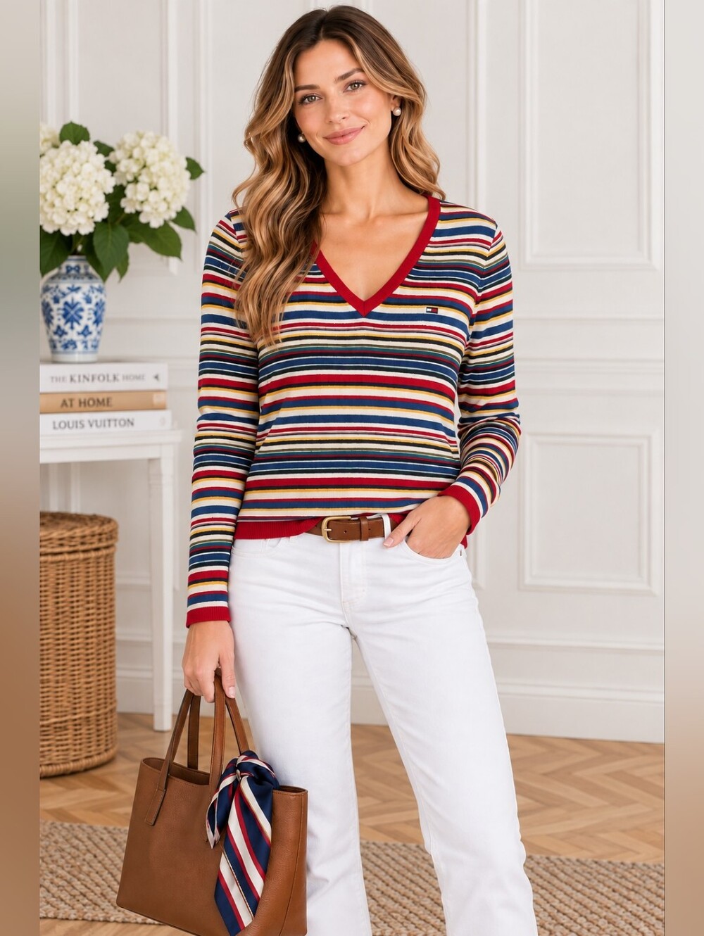 Tommy Jeans Womens XL Striped V-Neck Cotton Knit Long Sleeve Top Multicolor